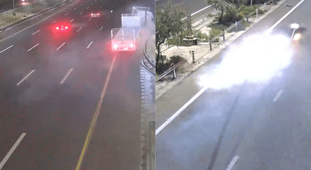 请查看：卡车、汽车在阿布扎比因轮胎爆裂在酷热中撞上道路隔离栏